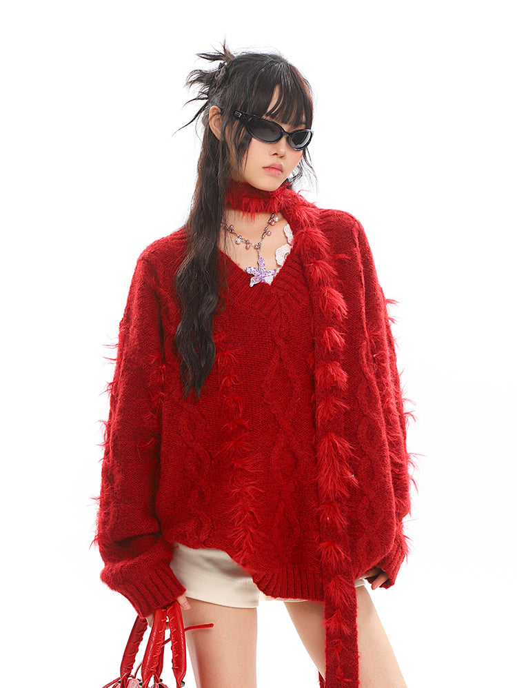 Red Scarf V-neck Twisted Sweater UNC0217