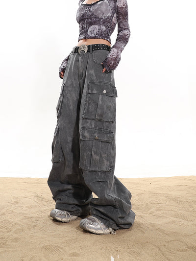 Smoke-colored multi-pocket wide-work loose pants UNC0112