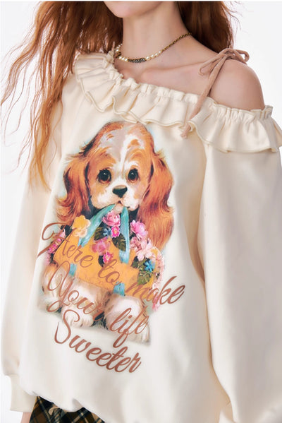 Loose Lazy Style Dog Print Off-shoulder Sweatshirt ZIZ0176