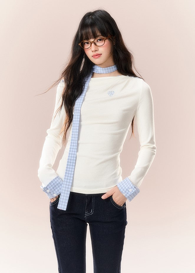 Plaid Stitching Button Long Sleeve T-shirt NTO0170