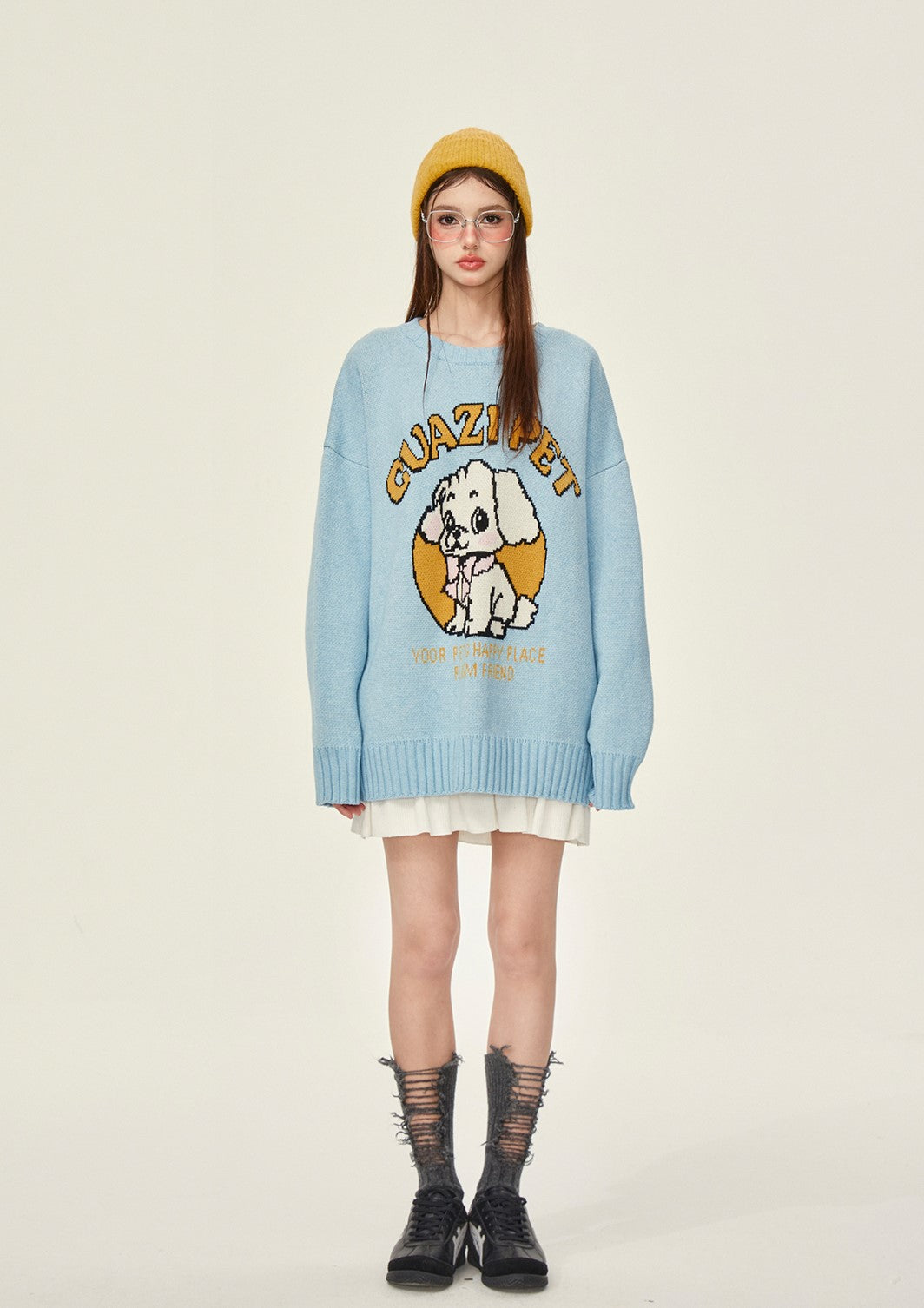 Cute Dog Blue Thick Loose Knitted Sweater GIF0068