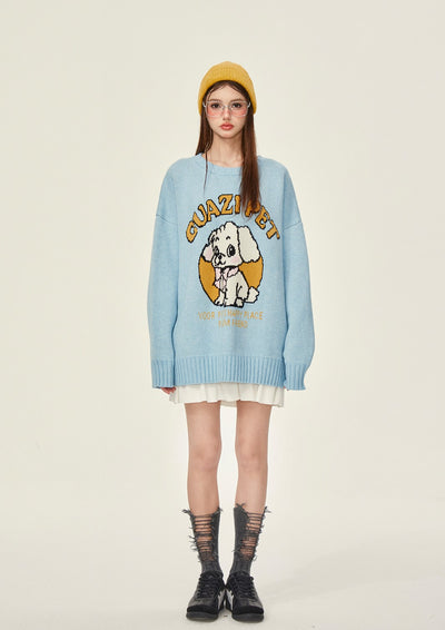 Cute Dog Blue Thick Loose Knitted Sweater GIF0068