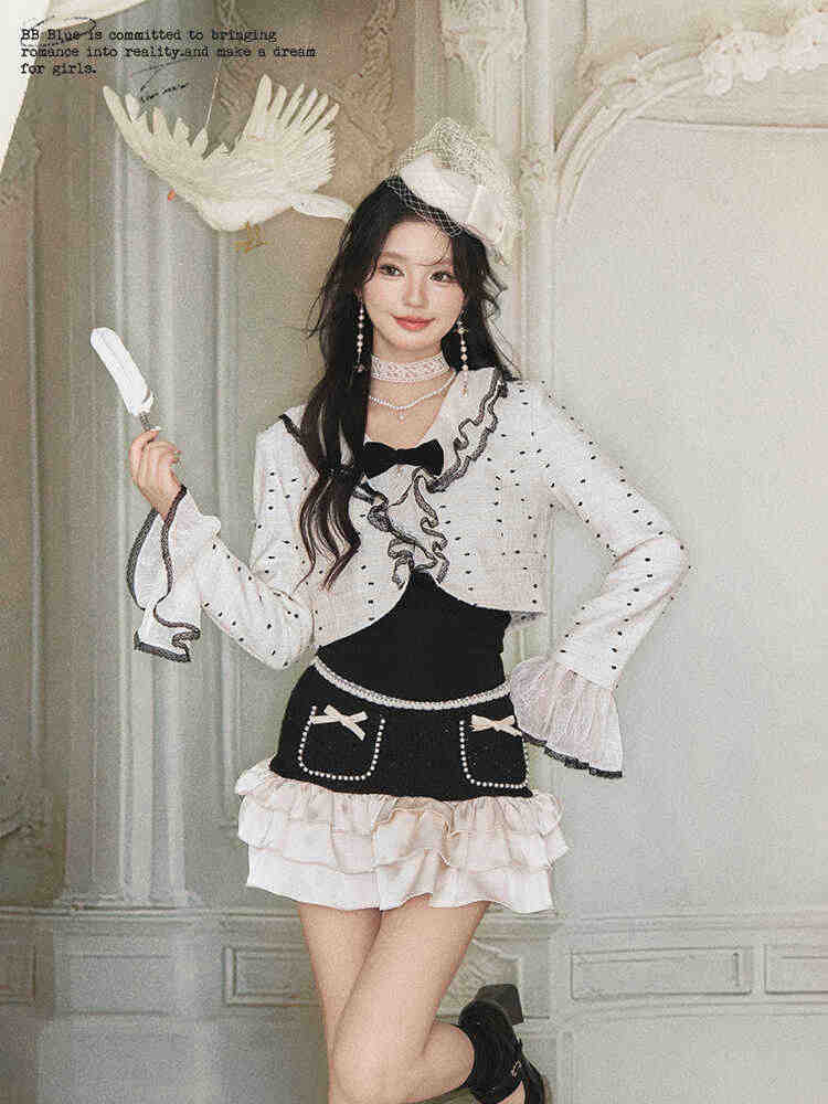 Dot Pattern Frilled Collar Short Jacket & Ribbon Pocket Ruffle Skirt BBB0086