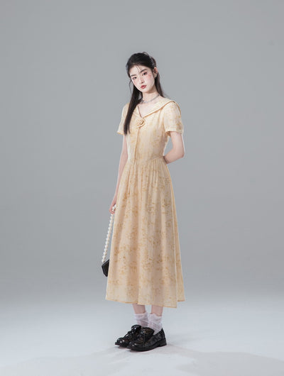 Fallen Leaves Apricot Yellow Atmosphere Short-sleeved Dress COT0133