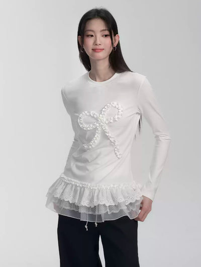 Lace Stitching Bow Design Top FRA0274