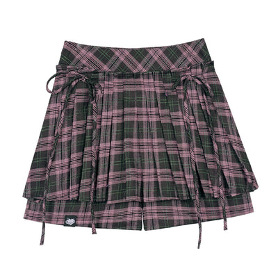 Ribbon Strap Plaid Pleated Culottes Skirt SAG0159