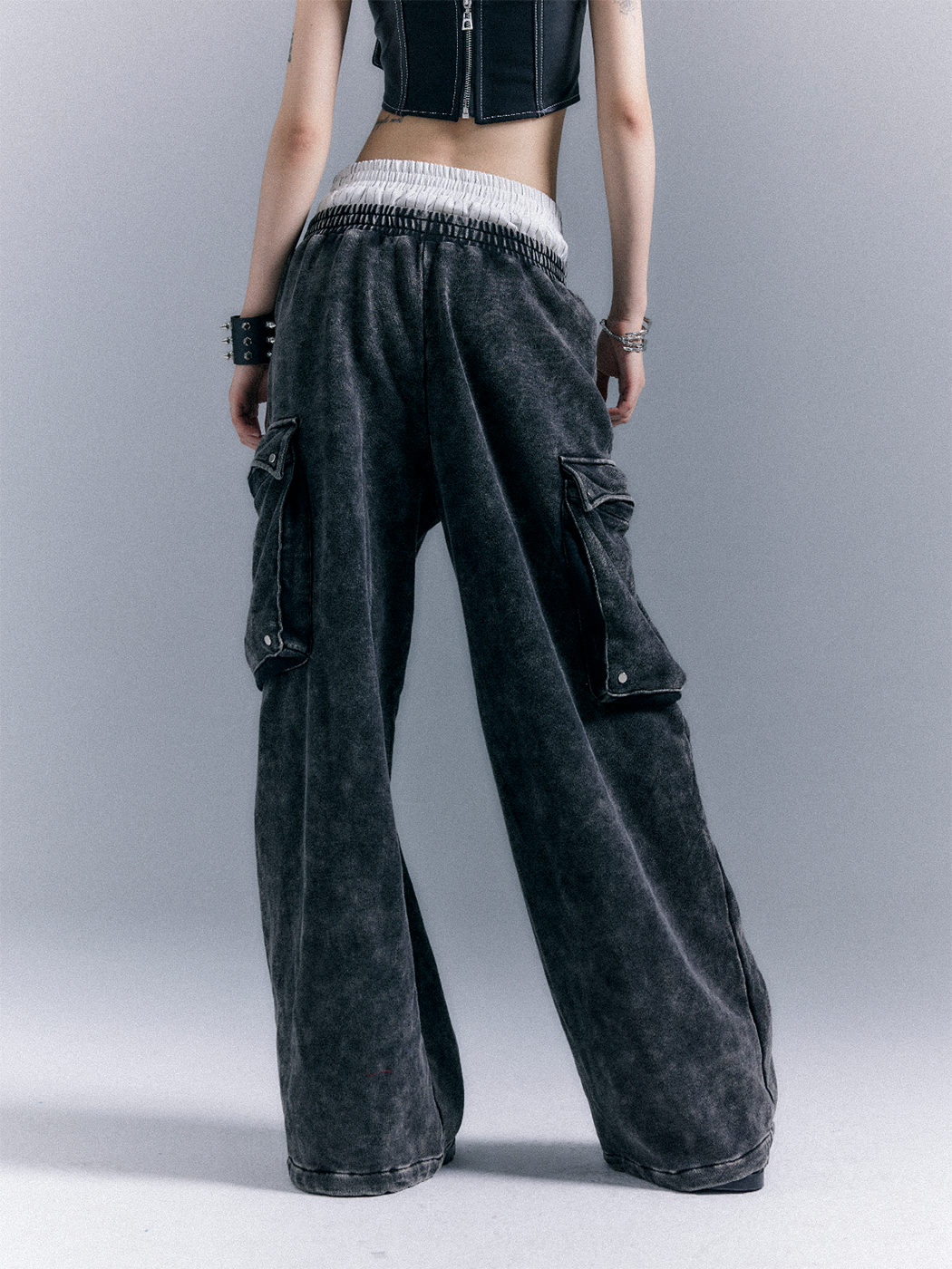 Street Punk Washed 3D Pocket Double Waist Wide Leg Sweatpants FRU0065