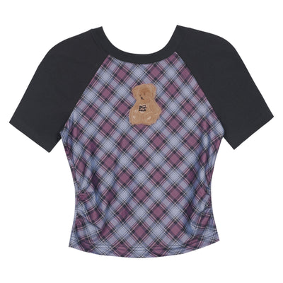 Plush bear design raglan checkered slim T-shirt SAG0148