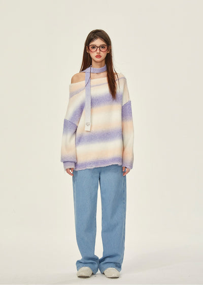 Rainbow Knitted Off-shoulder Lazy Sweater GIF0074