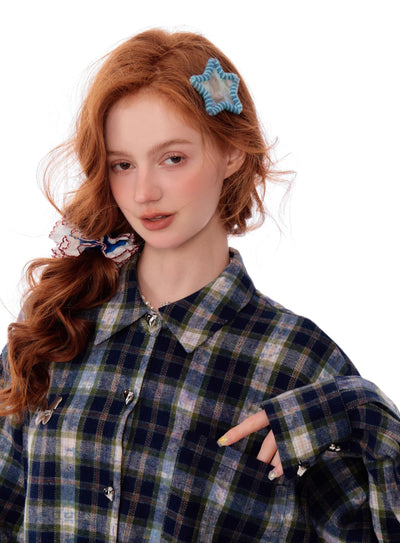 American Design Lace Splicing Plaid Loose Blue Plaid Shirt ZIZ0171