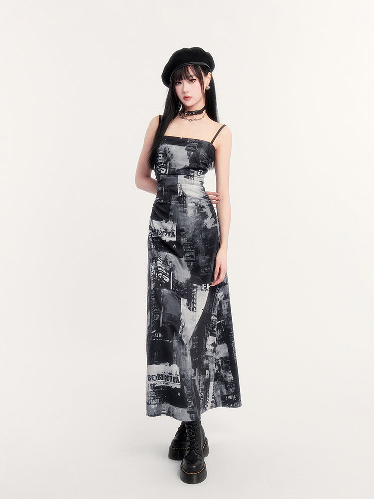 Black Pictorial Print Slimming Long Suspender Dress VOC0261