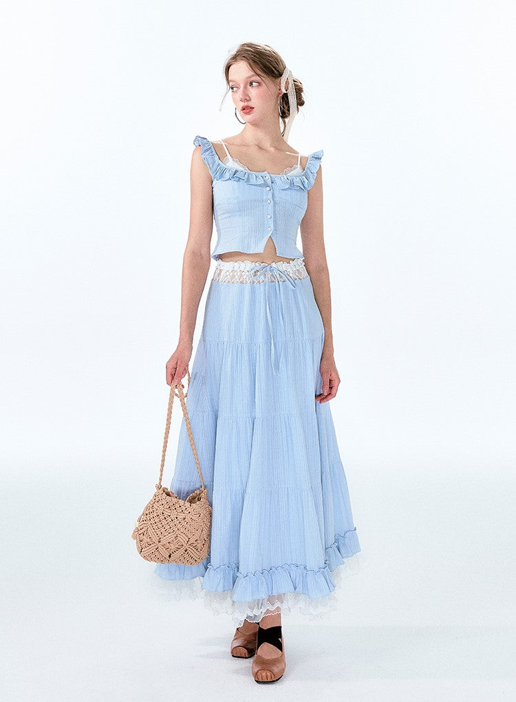 Fake Two-piece Suspender Top/Hollow Lace Skirt BOH0051