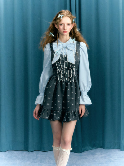 Blue-gray Bow Puff Sleeves Fake Two-piece Tutu Skirt Dress NAR0040