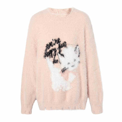 Irregular Hem Design Cat Pattern Soft Knit Top LAC0242