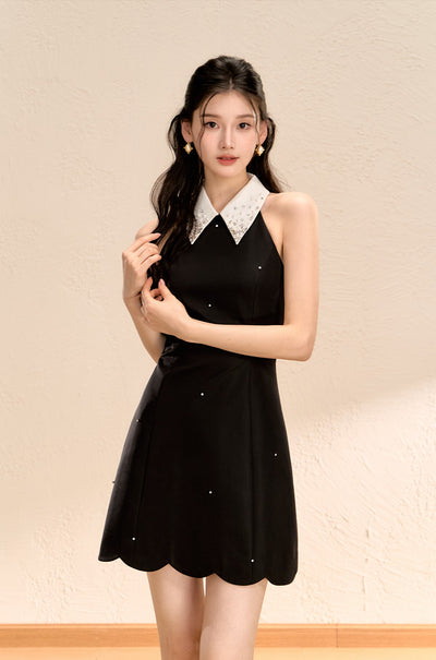 Halter Neck Waist Slimming A-line Black Dress OSH0056