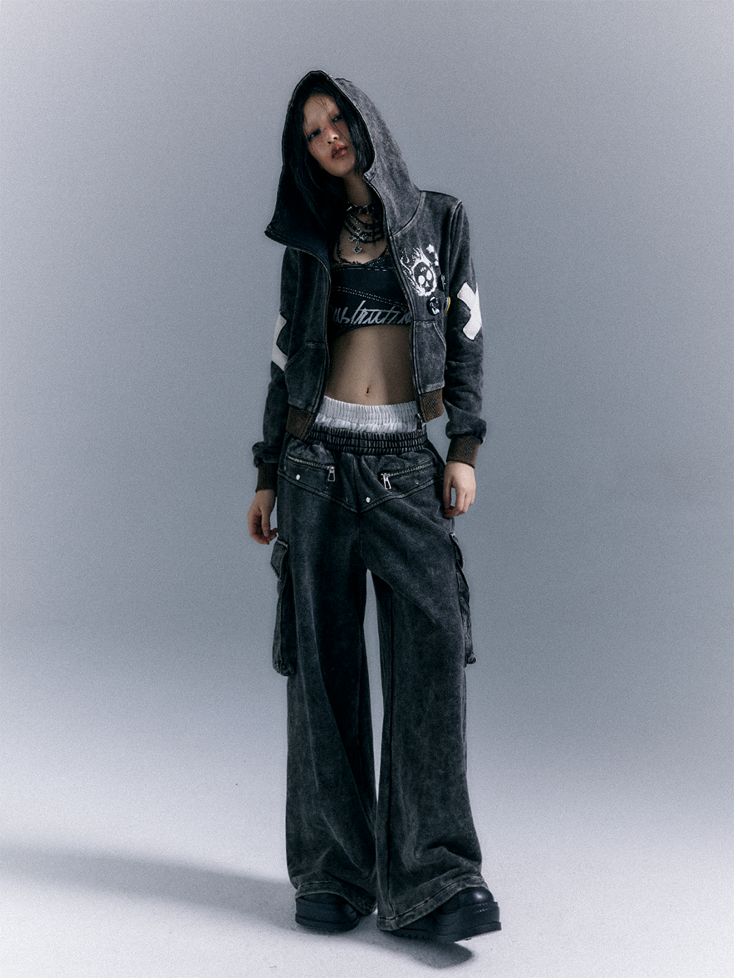 Street Punk Washed 3D Pocket Double Waist Wide Leg Sweatpants FRU0065