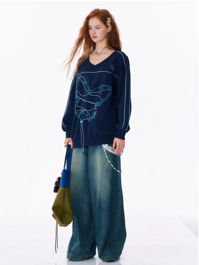 Butterfly Drawstring V-neck One-shoulder Loose Sweatshirt ZIZ0180