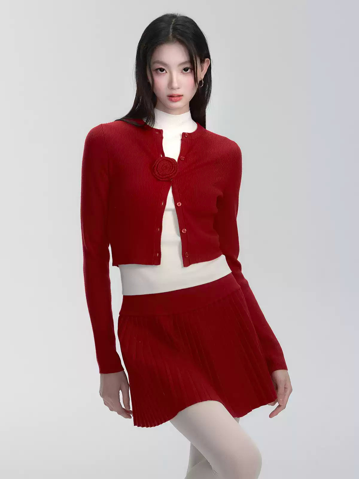 Red Knitted Cardigan/Skirt/Off-white Vest FRA0269