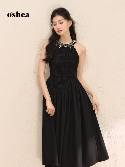 Pearl Halter Neck Black Elegance Long Dress OSH0047