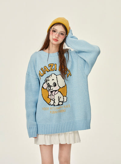 Cute Dog Blue Thick Loose Knitted Sweater GIF0068