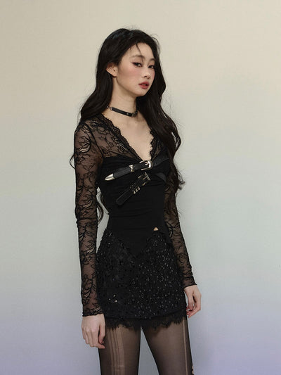 Lace Slim Long Sleeve V-neck Short Top DIA0302