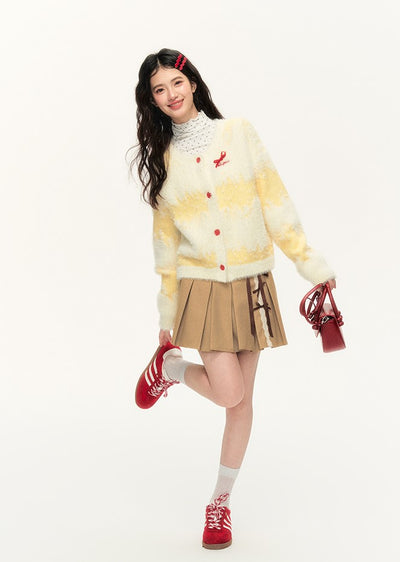 Bowknot Cream Yellow Long Hair Gradient Stripes Lazy Style Sweater Cardigan NTO0136