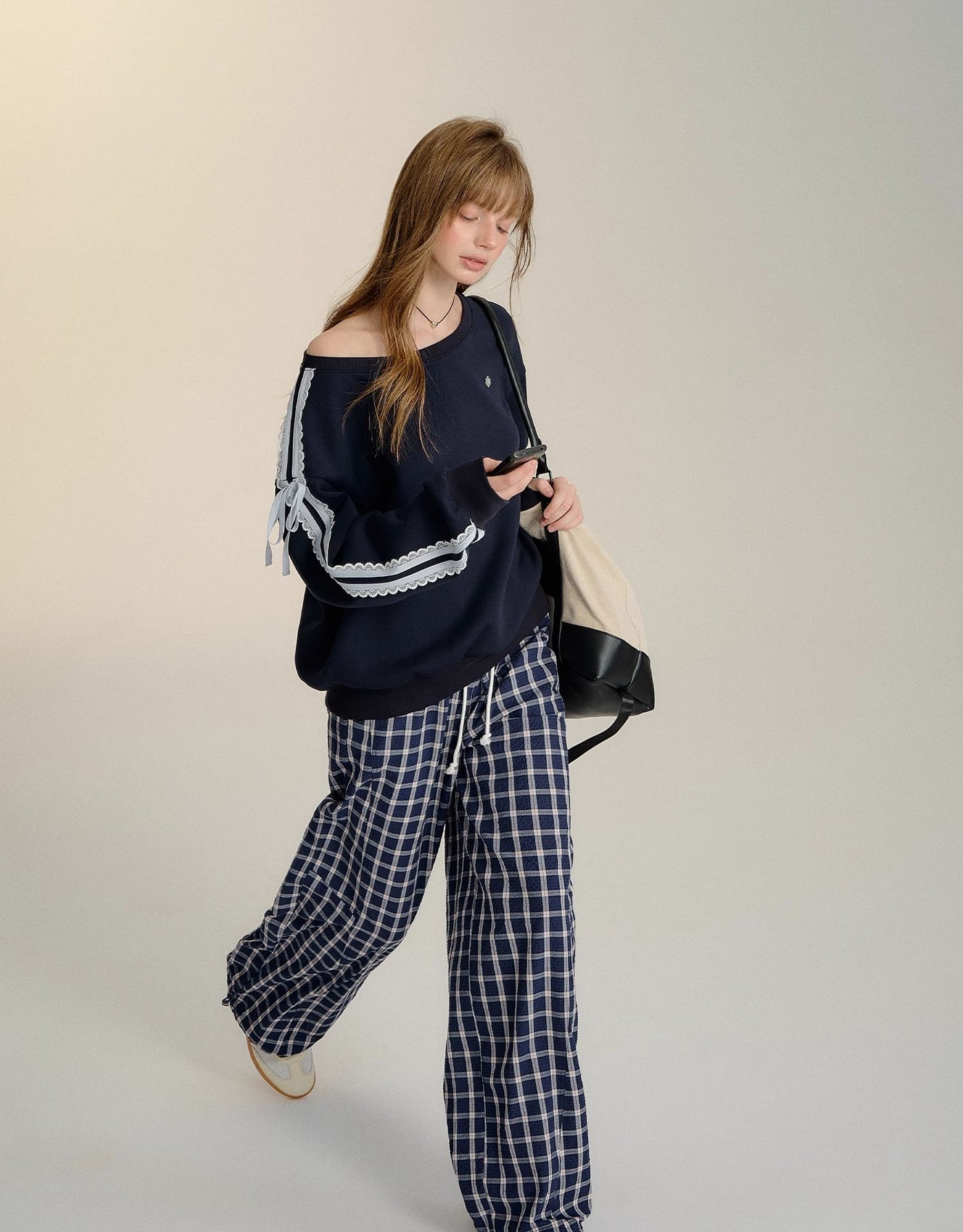 Drawstring Fine Plaid Wide-leg Pants SOM0105