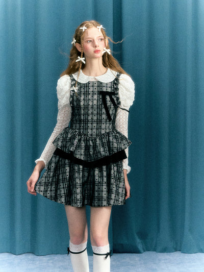 Black And White Plaid Polka Dot Velvet Stitching Bow Waist Vest Dress NAR0050