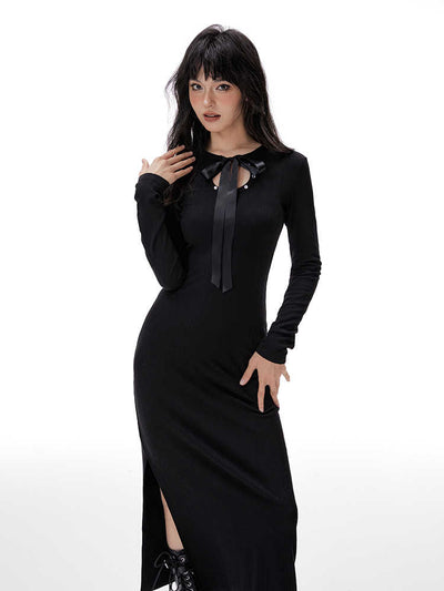 Tie Neckline Waist Slimming Split Fleece Long Knitted Dress IMO0063