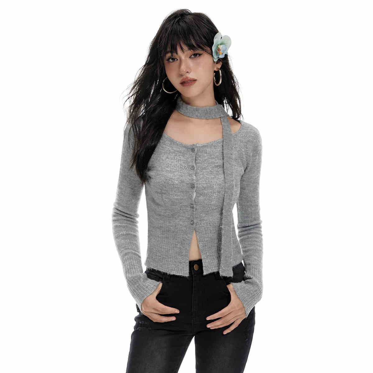 Scarf Cross Hem Slit Slim Knitted Cardigan IMO0049