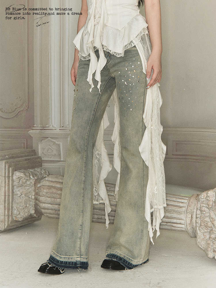 Jewel Studded Design Flared Denim Pants BBB0083