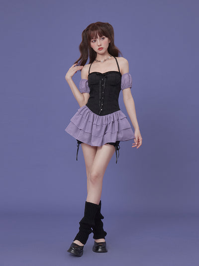 Strap Halter Neck Ruffle Layered Girly Dress & Balloon Shorts & Sleeves Set SAG0152