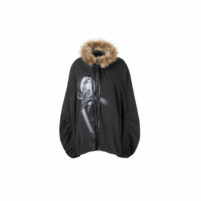 Fur Collar Mysterious Print Oversized Fleece Sweat Jacket DOU0064