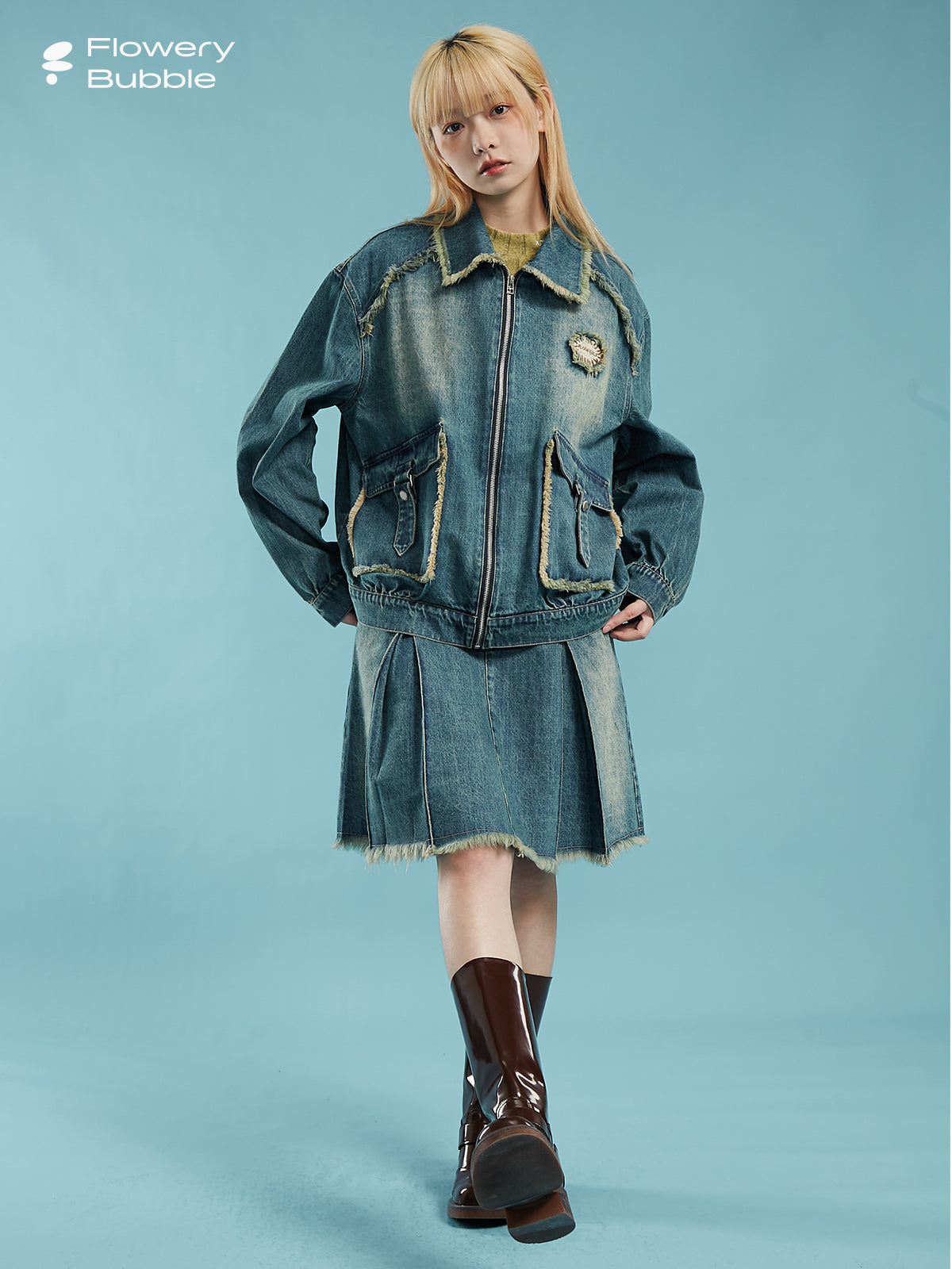 Fringe design washed denim loose jacket and pleated A-line knee-length skirt FLO0007