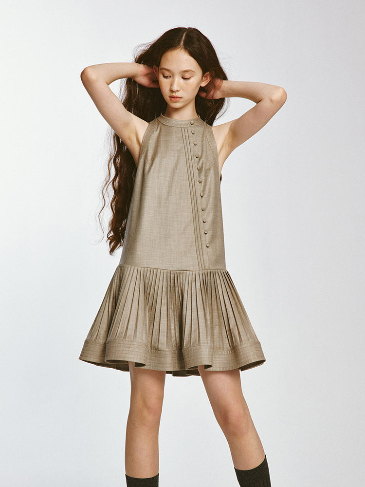 Chinese Button Stand Collar Pleated Sleeveless Dress FUS0027