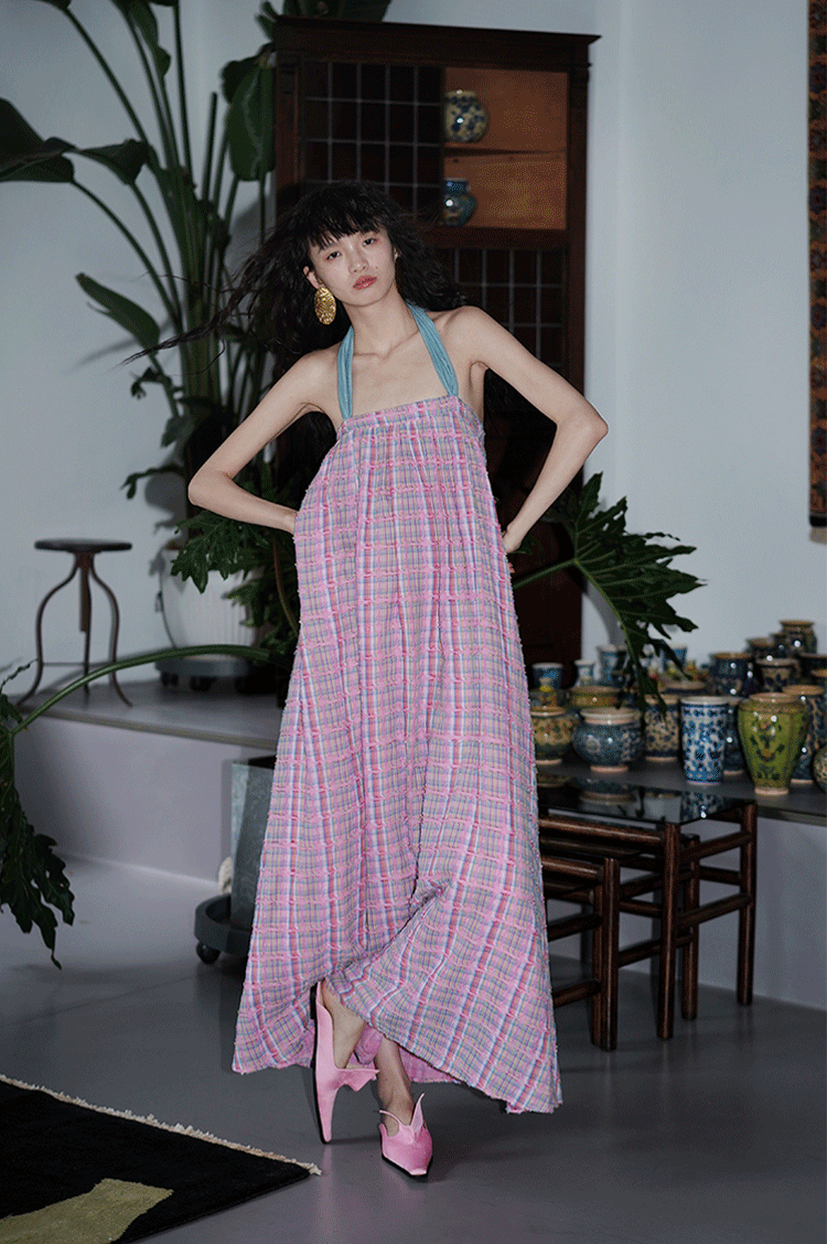 Loose Retro Plaid Long Halter Neck Tube Dress BAD0027