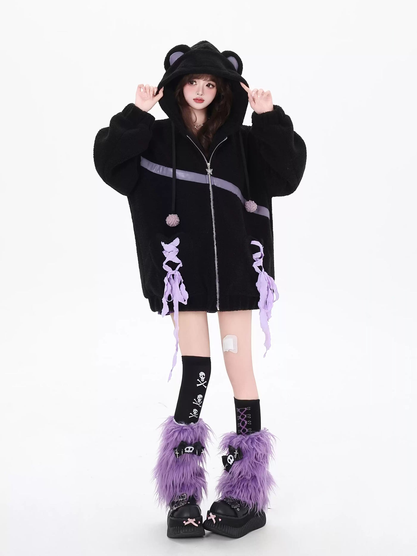 Purple ribbon design thick cotton loose jacket with bear ears hood CRA0089