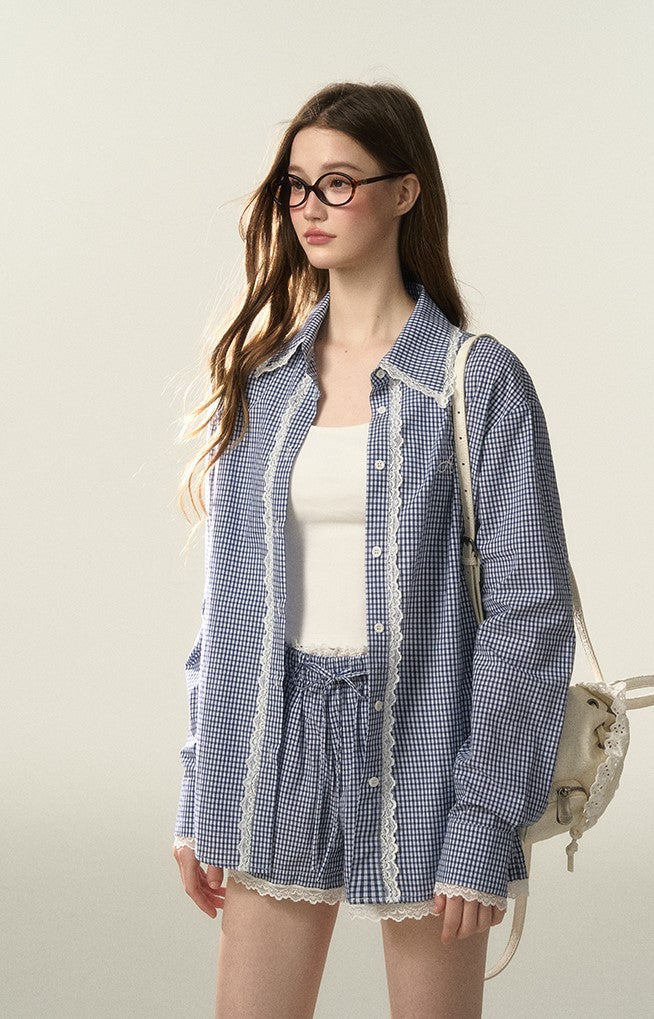 Lace Blue Checkered Shirt/Shorts AFF0036