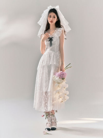 Frilled Sleeves & Collar Flower Lace Maiden Dress YOO0056