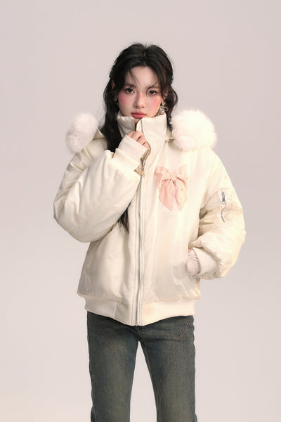 Flight Diary Fur Collar Bow Pilot Cotton Jacket AOO0048