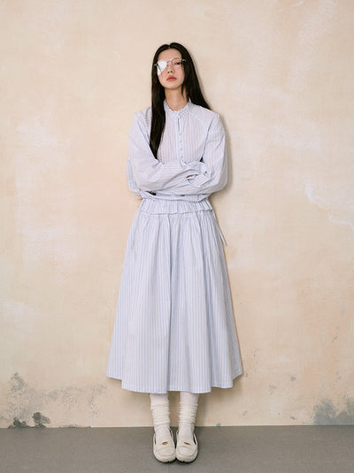 Round Neck Striped Shirt/Half-length Umbrella Skirt LAL0105