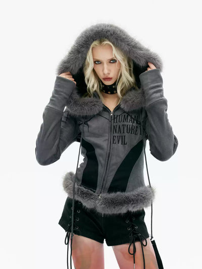 Fleece Zipper Slim Warm Fur Hooded Street Jacket EMO0038