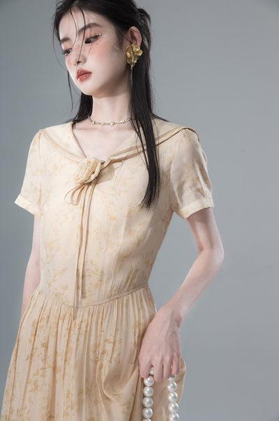 Fallen Leaves Apricot Yellow Atmosphere Short-sleeved Dress COT0133