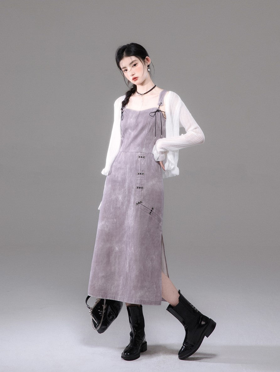 Plum Purple Tencel Shirt/Tie-Dye Printed Suspender Dress COT0131