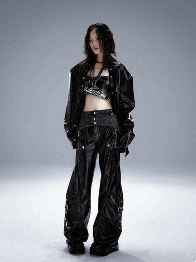 Metal Decoration Punk Street Straight Leather Draped Pants FRU0057