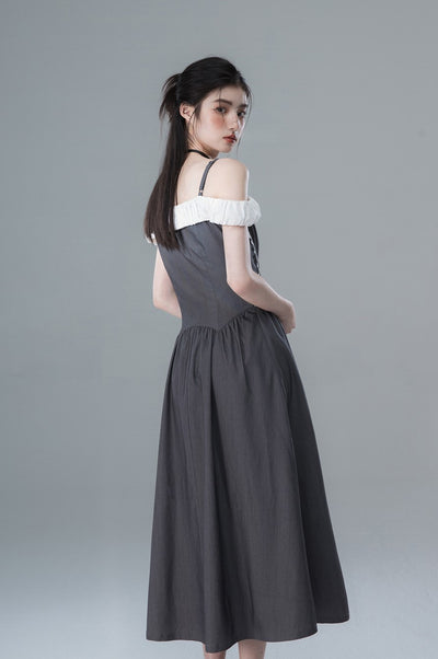 Gray High-end One-shoulder Contrasting Design Waist Dress COT0139