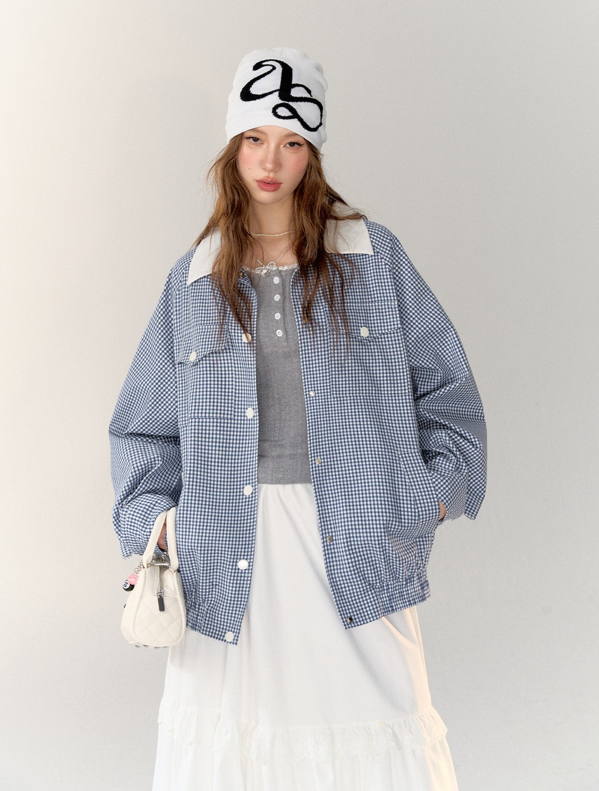체크 무늬 <tc>Jacket</tc>/롱스커트/슬리브리스탑 ASG0005