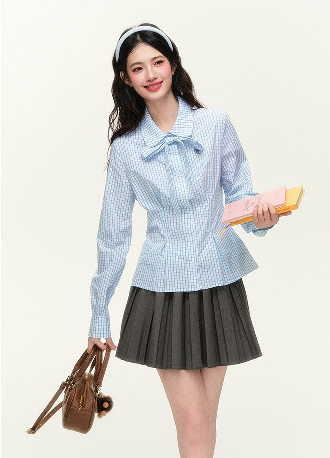 College Style Embroidered Check Tie Shirt/Gray Skirt NTO0127