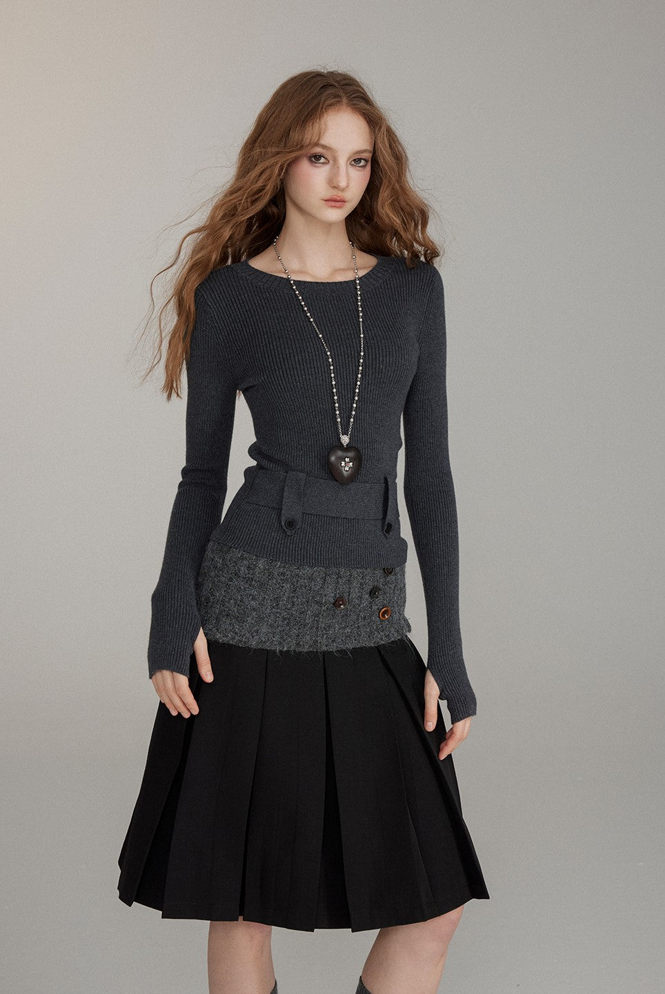 Button Stitching Pleated A-line Skirt VIA0225