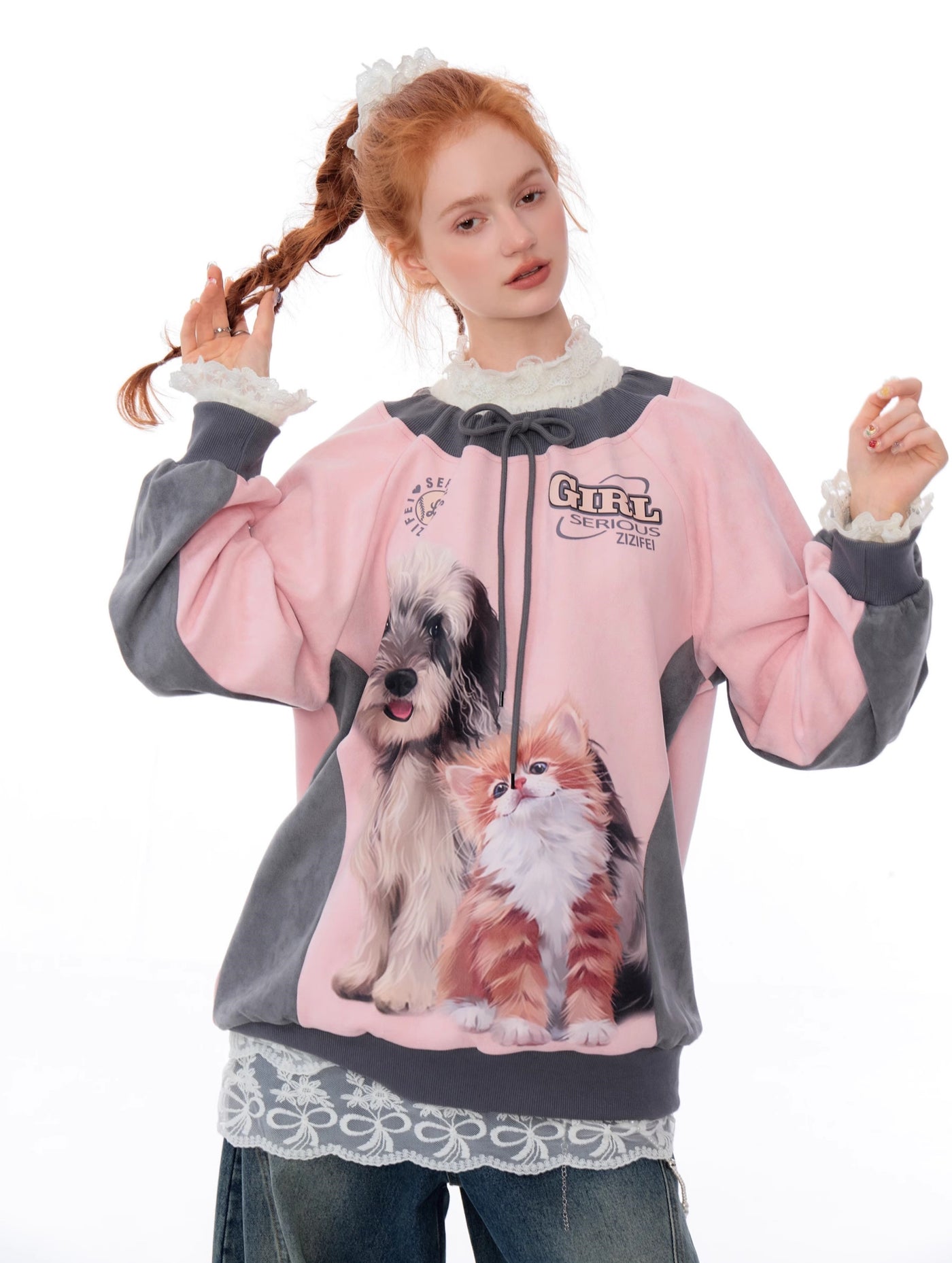 Loose Round Neck Contrast Suede Cat And Dog Print Sweatshirt ZIZ0170